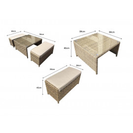 ELIZABETH Coffee Table &amp; 2 Ottomans Grey