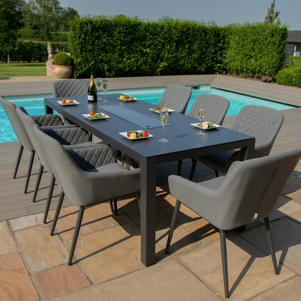 Zest 8 Seat Rectangular Dining Set with Fire Pit Table / Flanelle