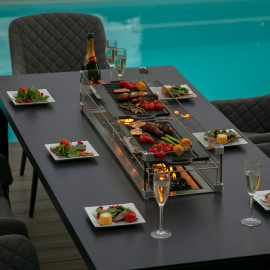 Zest 8 Seat Rectangular Dining Set with Fire Pit Table / Flanelle