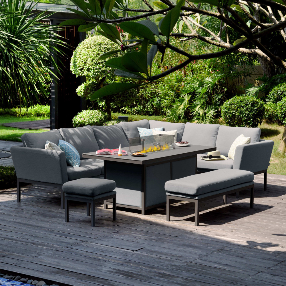 Pulse Left Handed Rectangular Corner Dining Set with Fire Pit / Flanelle