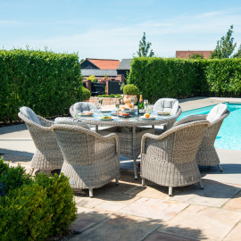 Oxford 6 Seat Round Fire Pit Dining Set with Heritage Chairs and Lazy Susan