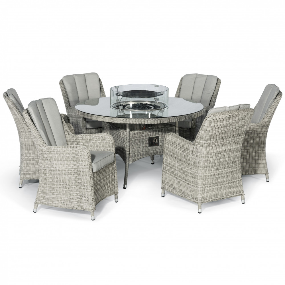 Oxford 6 Seat Round Fire Pit Dining Set with Venice Chairs and Lazy Susan