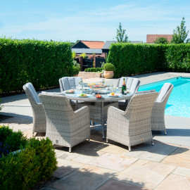 Oxford 6 Seat Round Fire Pit Dining Set with Venice Chairs and Lazy Susan