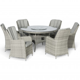 Oxford 6 Seat Round Fire Pit Dining Set with Venice Chairs and Lazy Susan