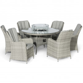 Oxford 6 Seat Round Fire Pit Dining Set with Venice Chairs and Lazy Susan