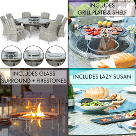 Oxford 8 Seat Round Fire Pit Dining Set with Venice Chairs and Lazy Susan