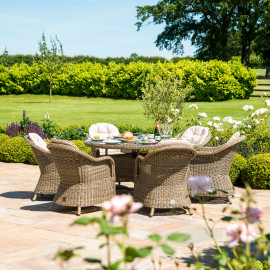 Winchester 6 Seat Round Fire Pit Dining Set with Heritage Chairs and Lazy Susan